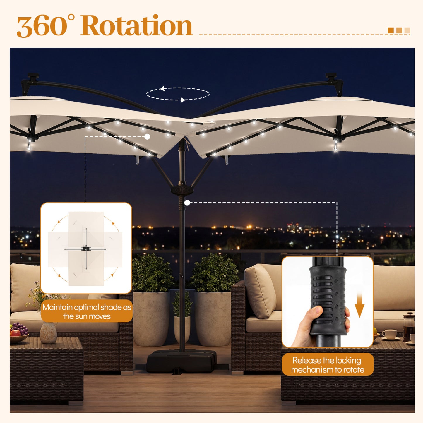 8x8 FT Solar LED Cantilever Patio Umbrella, 360° Rotation, Beige Outdoor Umbrellas at Gallery Canada