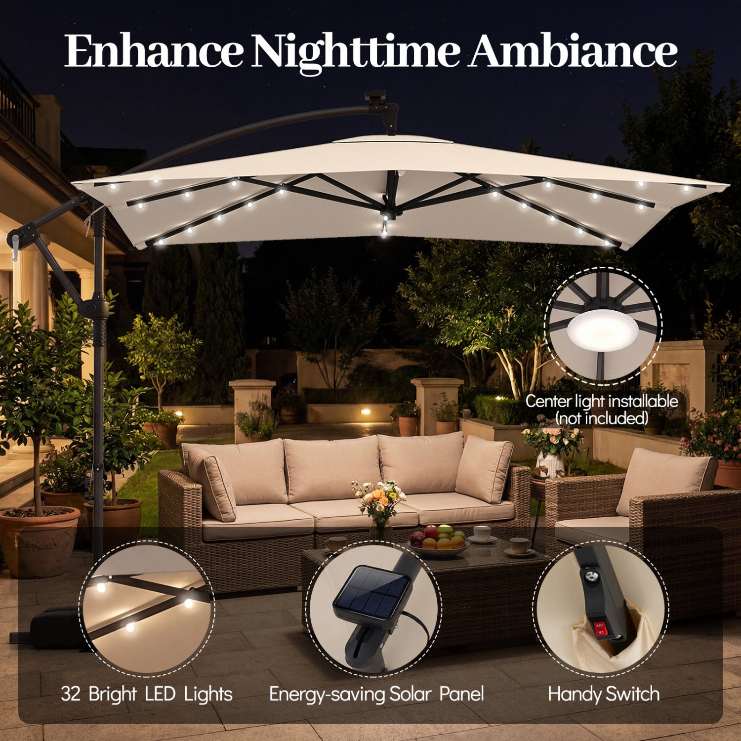 8x8 FT Solar LED Cantilever Patio Umbrella, 360° Rotation, Beige Outdoor Umbrellas at Gallery Canada