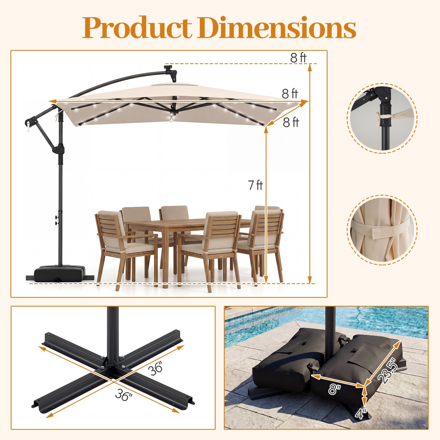 8x8 FT Solar LED Cantilever Patio Umbrella, 360° Rotation, Beige Outdoor Umbrellas at Gallery Canada