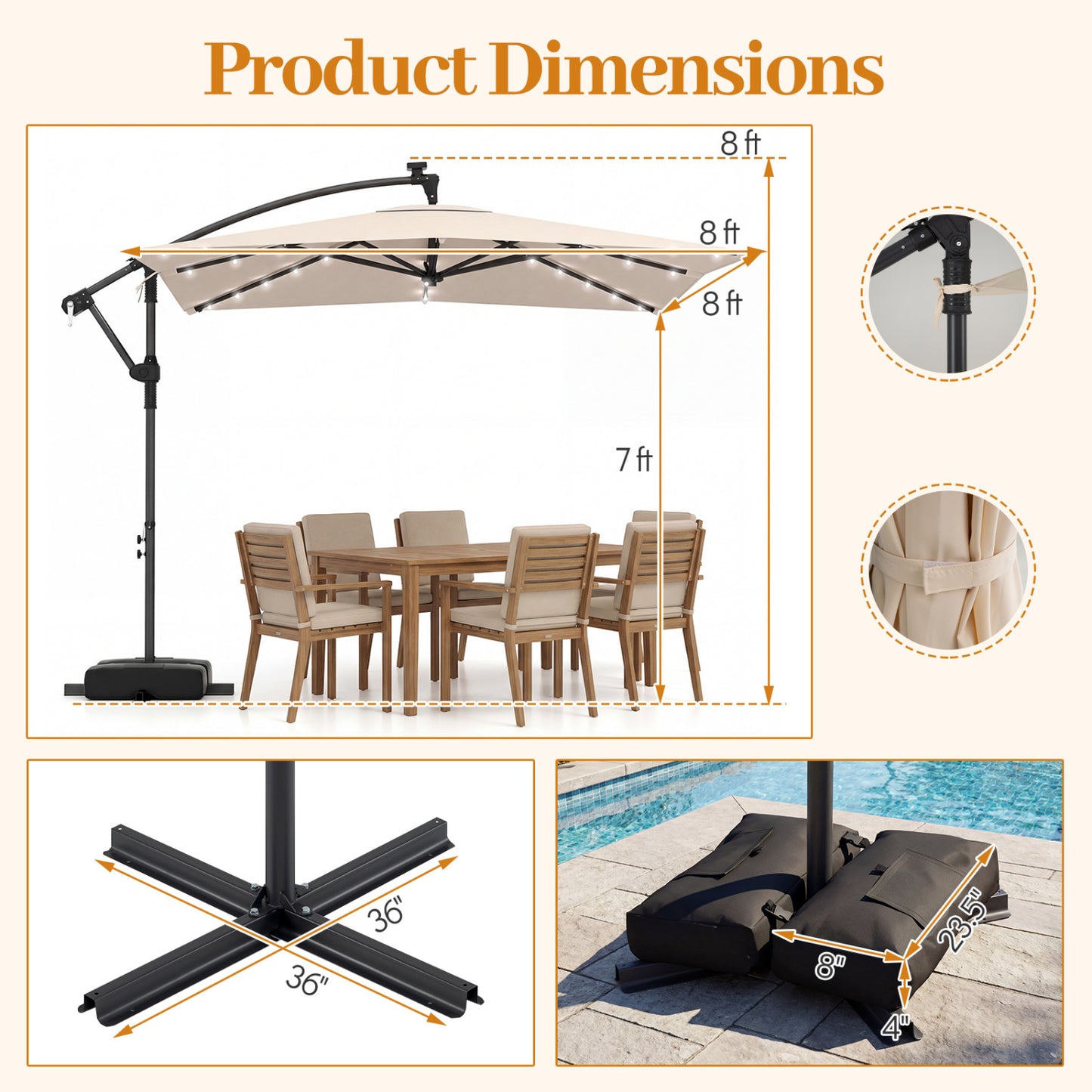 8x8 FT Solar LED Cantilever Patio Umbrella, 360° Rotation, Beige Outdoor Umbrellas at Gallery Canada