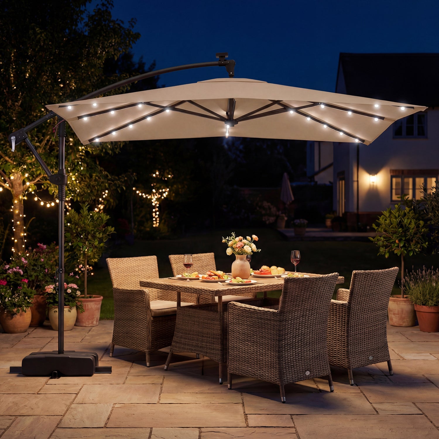8x8 Ft Solar LED Cantilever Patio Umbrella, 360 Rotation, Rustic Brown Outdoor Umbrellas at Gallery Canada