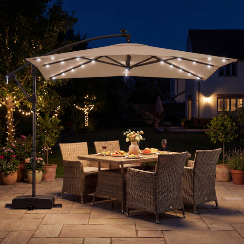 8x8 Ft Solar LED Cantilever Patio Umbrella, 360 Rotation, Rustic Brown