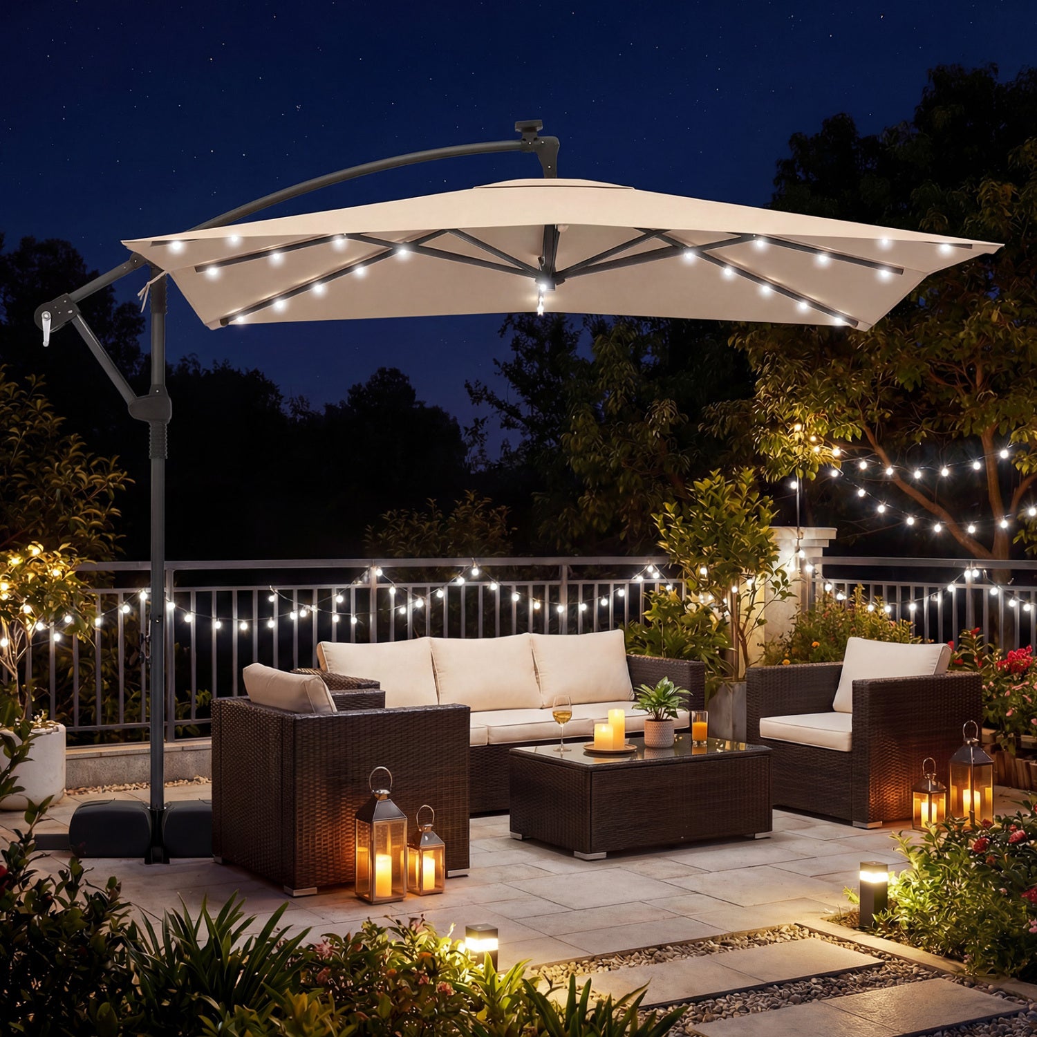 8x8 Ft Solar LED Cantilever Patio Umbrella, 360 Rotation, Rustic Brown Outdoor Umbrellas at Gallery Canada
