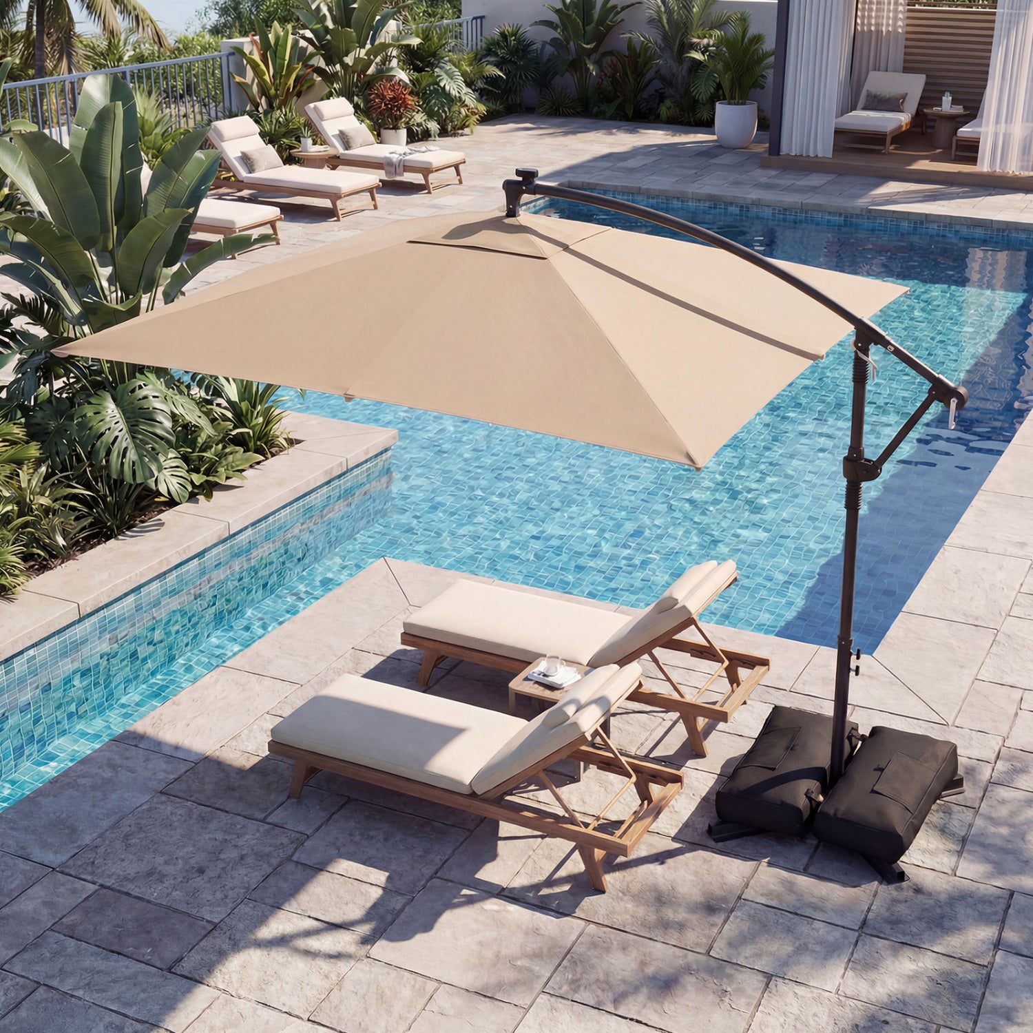 8x8 Ft Solar LED Cantilever Patio Umbrella, 360 Rotation, Rustic Brown Outdoor Umbrellas at Gallery Canada