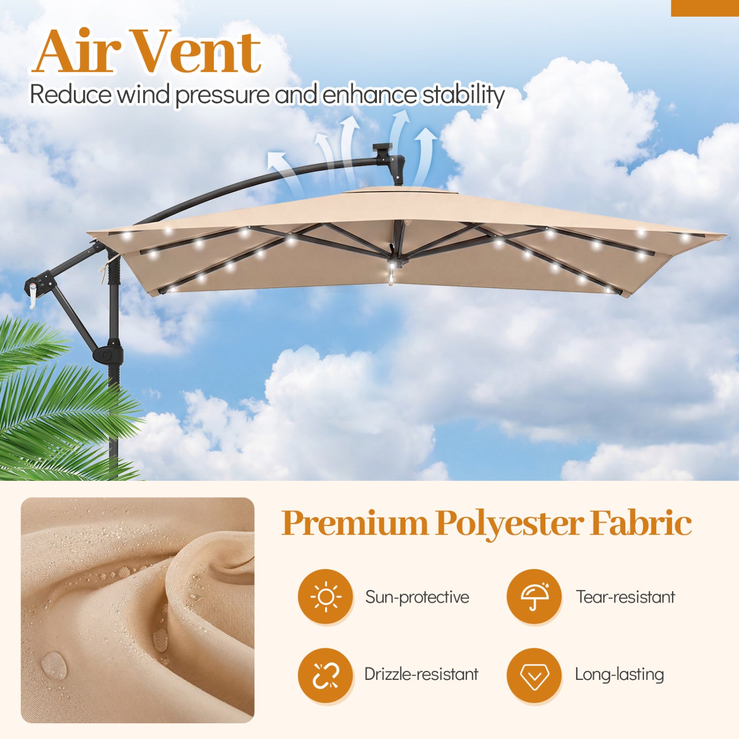 8x8 Ft Solar LED Cantilever Patio Umbrella, 360 Rotation, Rustic Brown Outdoor Umbrellas at Gallery Canada