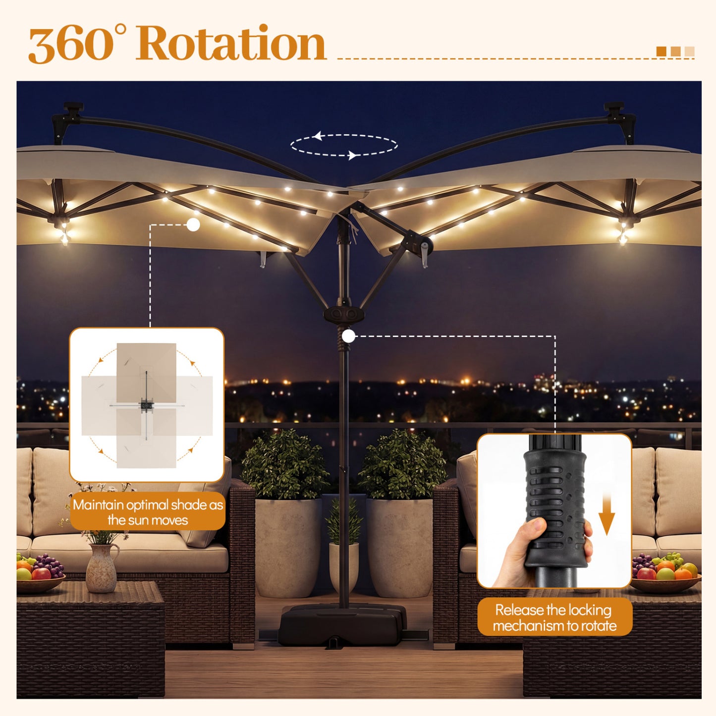 8x8 Ft Solar LED Cantilever Patio Umbrella, 360 Rotation, Rustic Brown Outdoor Umbrellas at Gallery Canada