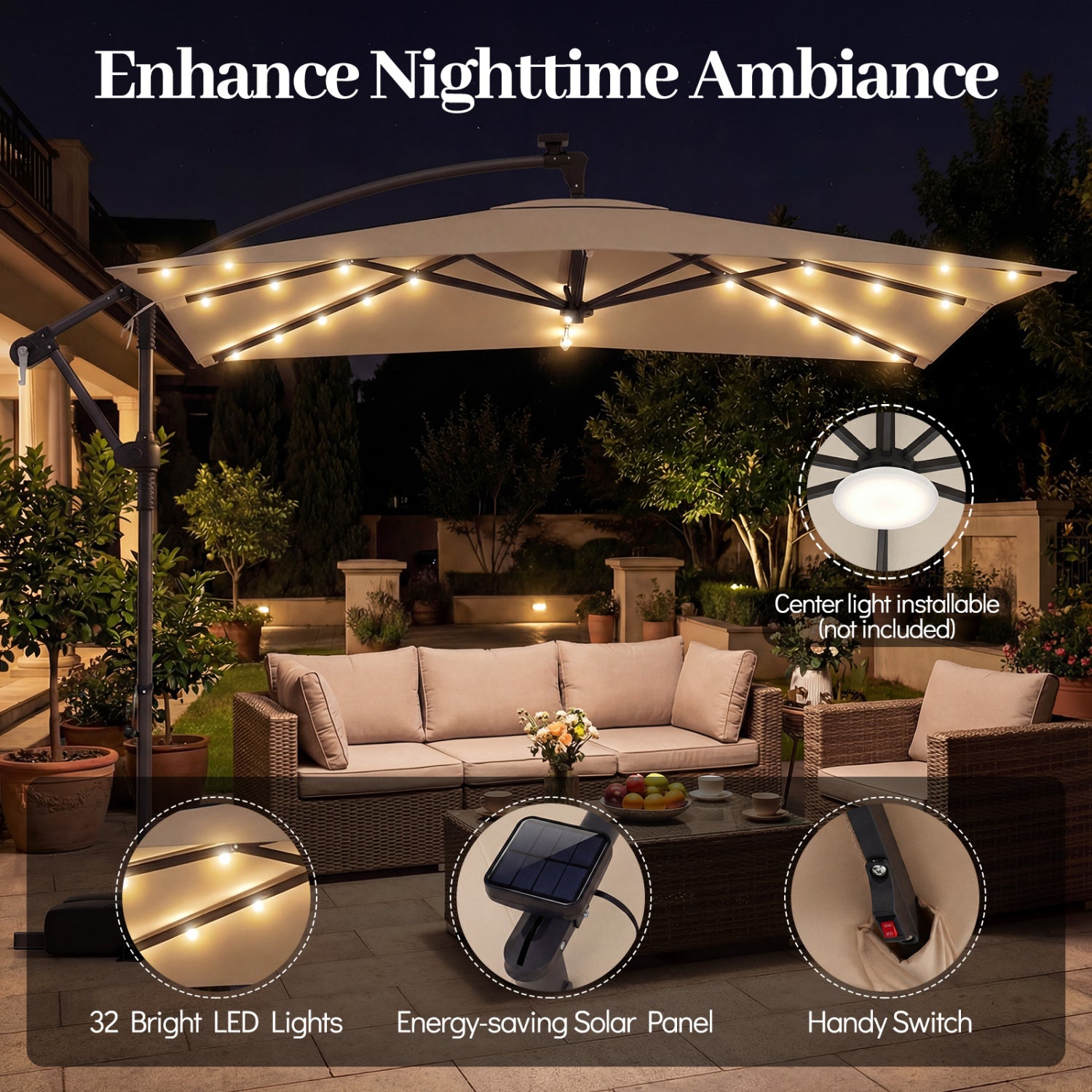 8x8 Ft Solar LED Cantilever Patio Umbrella, 360 Rotation, Rustic Brown Outdoor Umbrellas at Gallery Canada