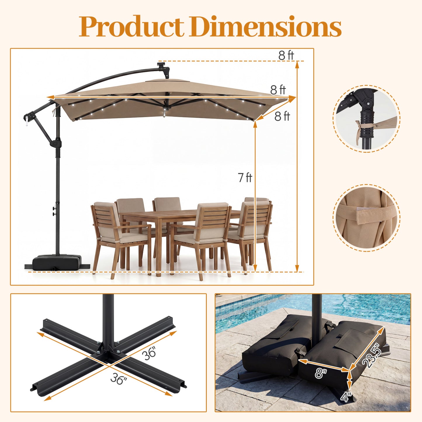 8x8 Ft Solar LED Cantilever Patio Umbrella, 360 Rotation, Rustic Brown Outdoor Umbrellas at Gallery Canada