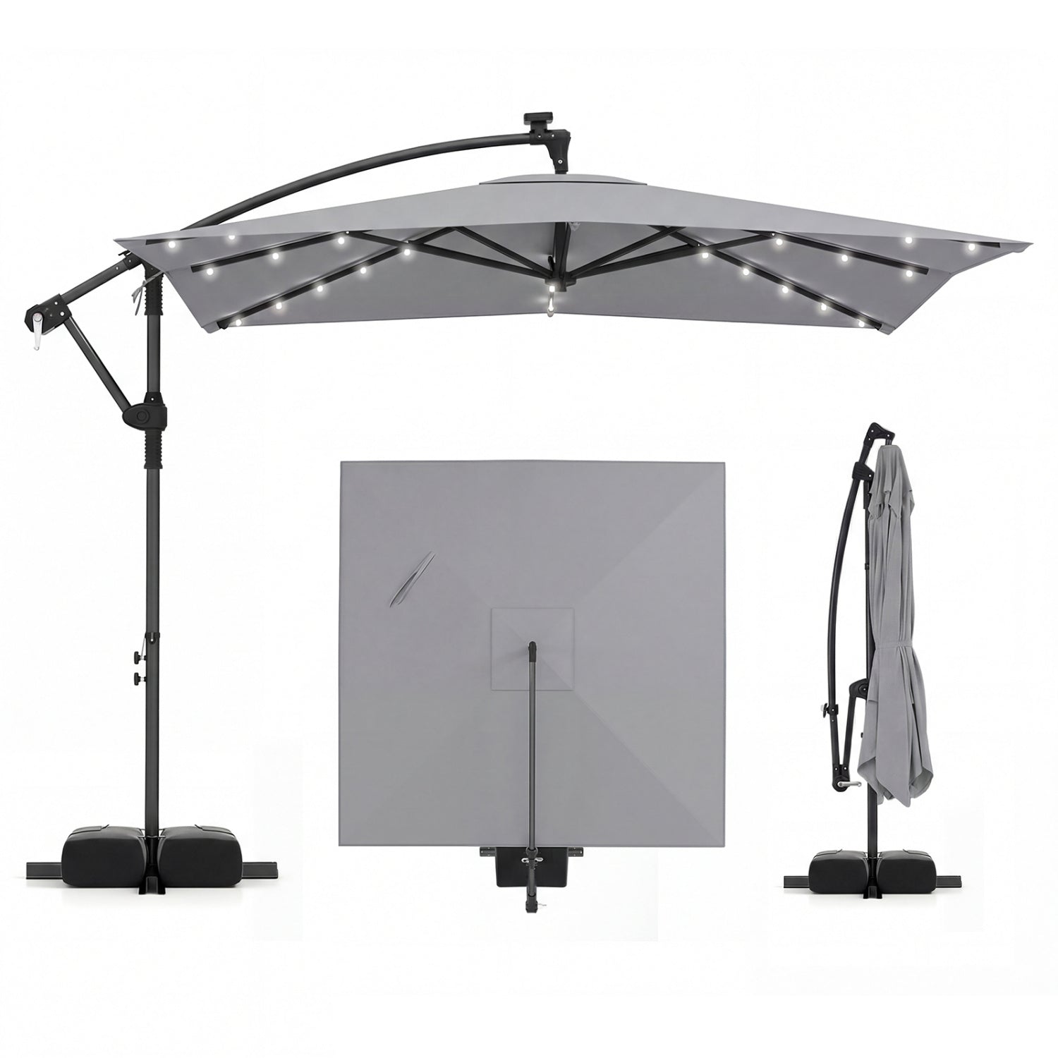 8x8 FT Solar LED Cantilever Patio Umbrella, 360° Rotation, Gray Outdoor Umbrellas Gray at Gallery Canada