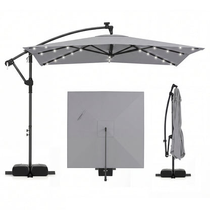 8x8 FT Solar LED Cantilever Patio Umbrella, 360° Rotation, Gray Outdoor Umbrellas Gray at Gallery Canada