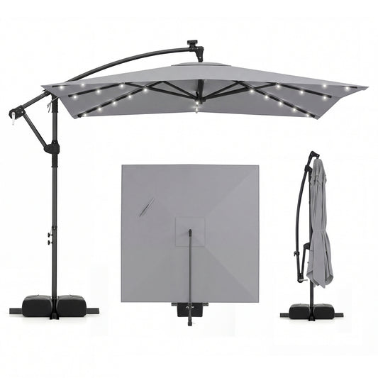 8x8 FT Solar LED Cantilever Patio Umbrella, 360° Rotation, Gray Outdoor Umbrellas Gray at Gallery Canada