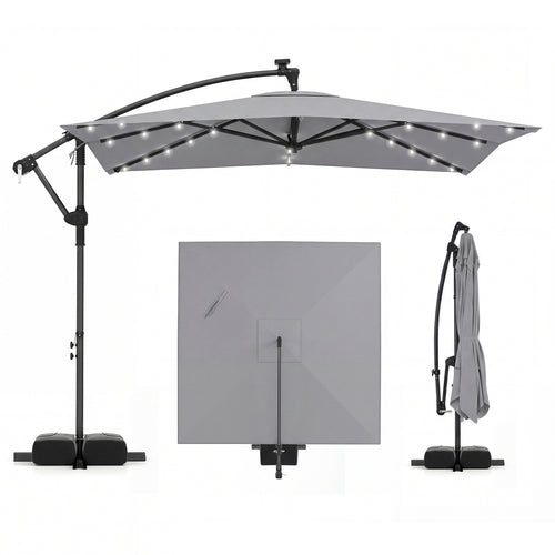 8x8 FT Solar LED Cantilever Patio Umbrella, 360° Rotation, Gray