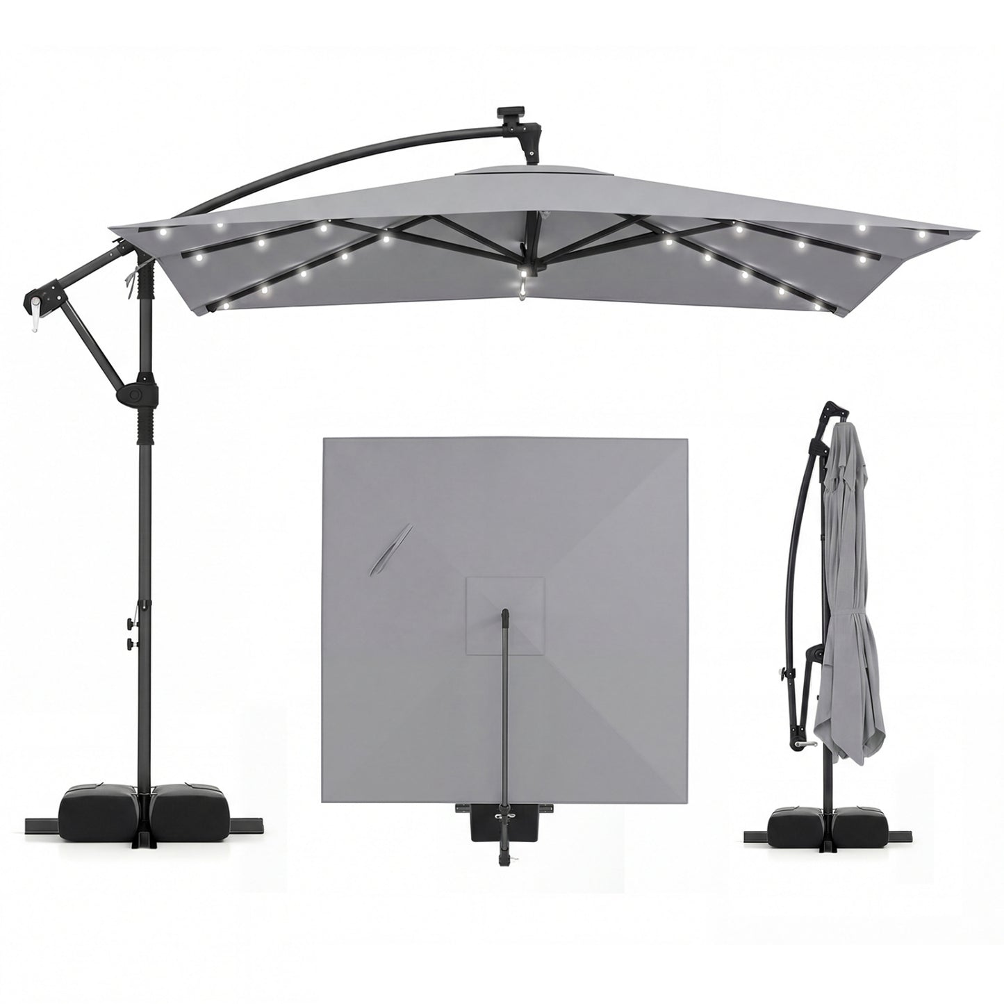 8x8 FT Solar LED Cantilever Patio Umbrella, 360° Rotation, Gray Outdoor Umbrellas at Gallery Canada
