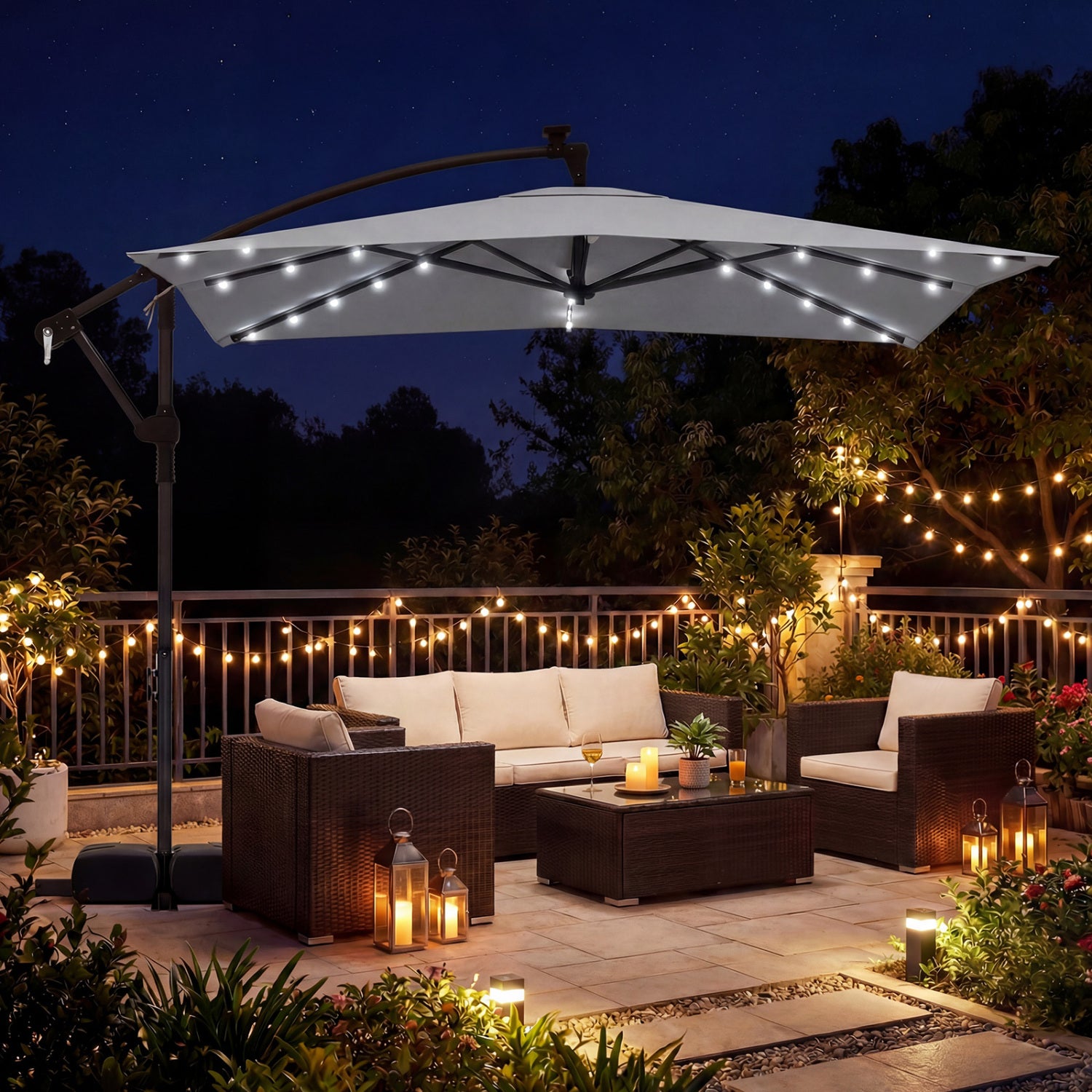 8x8 FT Solar LED Cantilever Patio Umbrella, 360° Rotation, Gray Outdoor Umbrellas at Gallery Canada