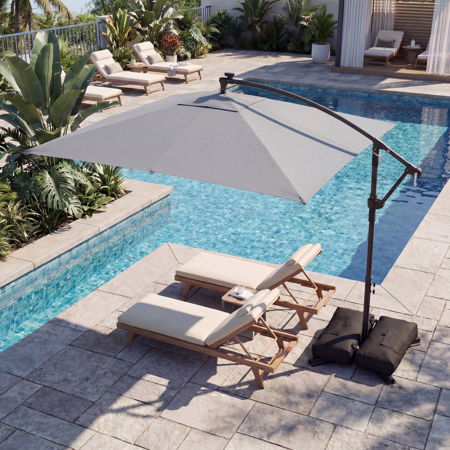 8x8 FT Solar LED Cantilever Patio Umbrella, 360° Rotation, Gray Outdoor Umbrellas at Gallery Canada