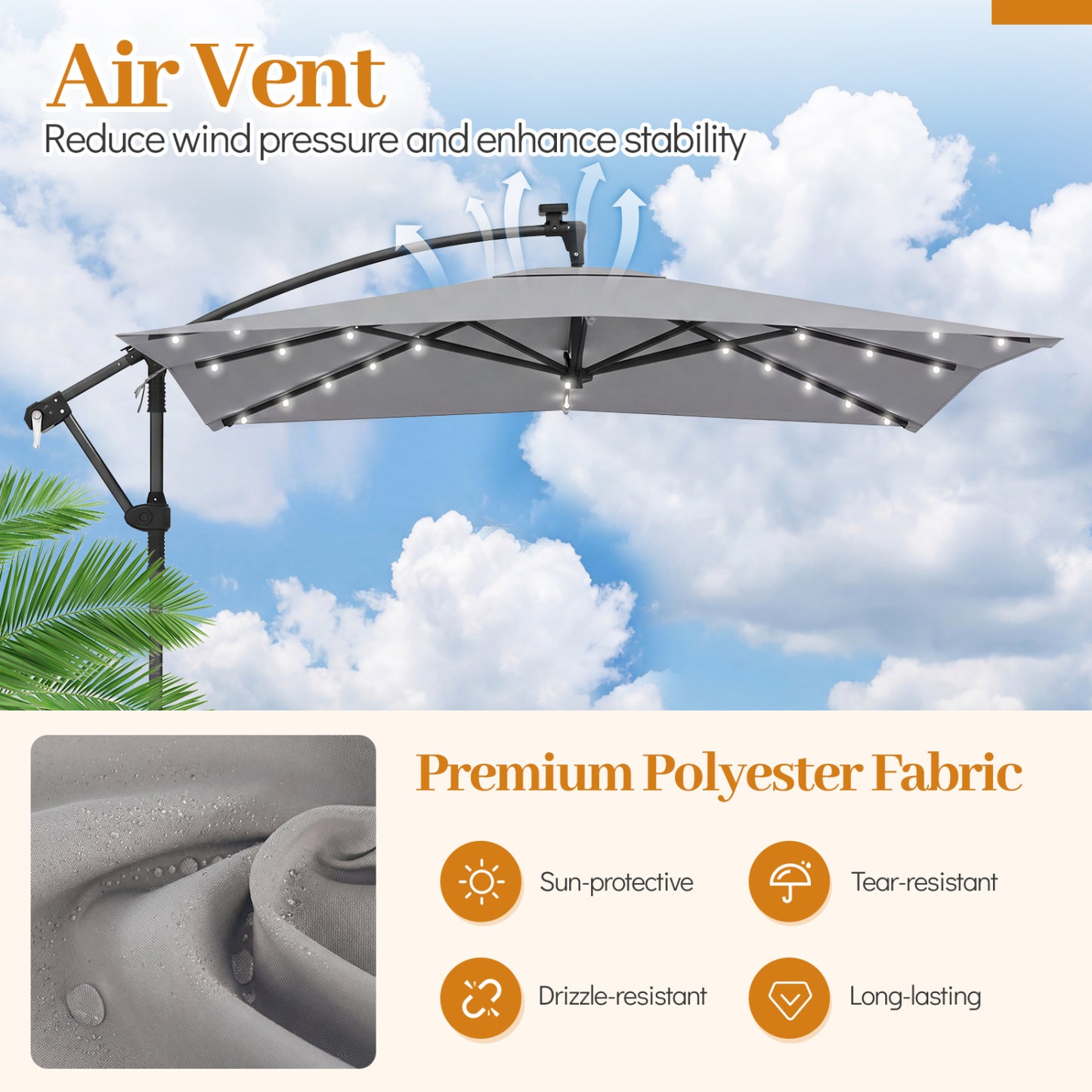 8x8 FT Solar LED Cantilever Patio Umbrella, 360° Rotation, Gray Outdoor Umbrellas at Gallery Canada