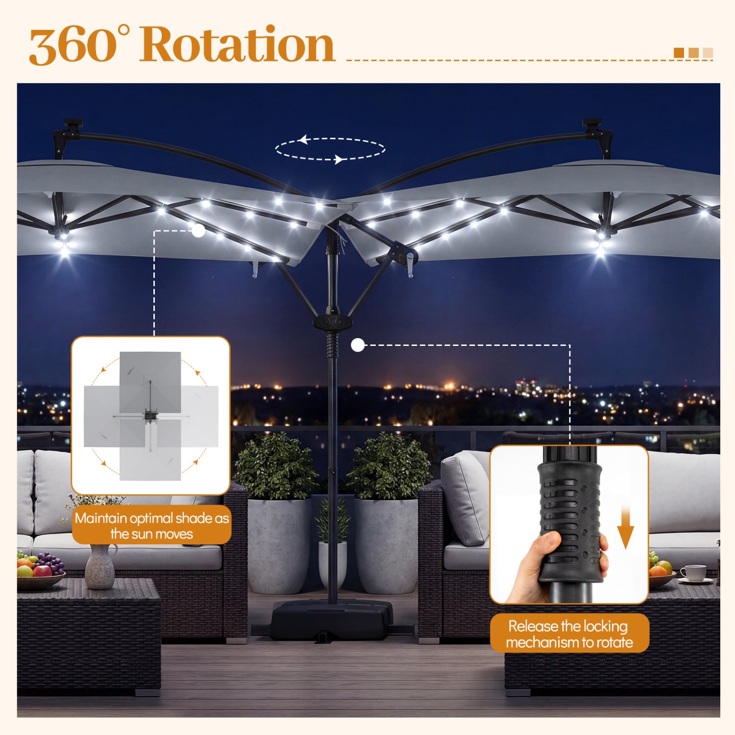 8x8 FT Solar LED Cantilever Patio Umbrella, 360° Rotation, Gray Outdoor Umbrellas at Gallery Canada