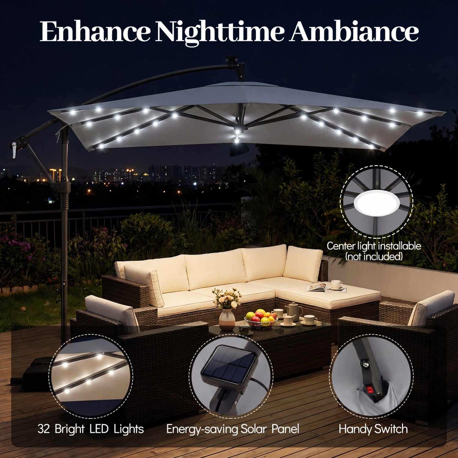 8x8 FT Solar LED Cantilever Patio Umbrella, 360° Rotation, Gray Outdoor Umbrellas at Gallery Canada