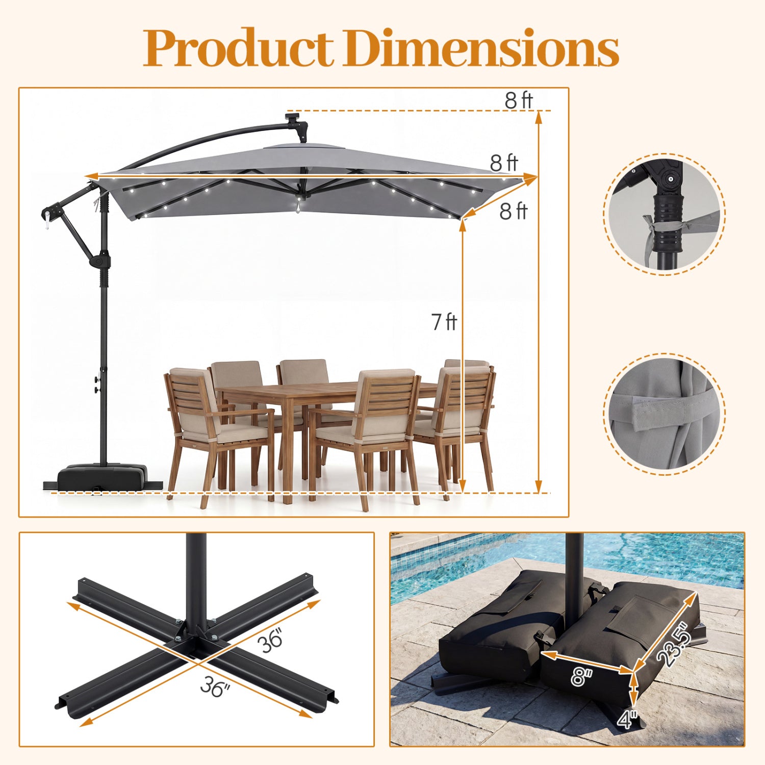 8x8 FT Solar LED Cantilever Patio Umbrella, 360° Rotation, Gray Outdoor Umbrellas at Gallery Canada