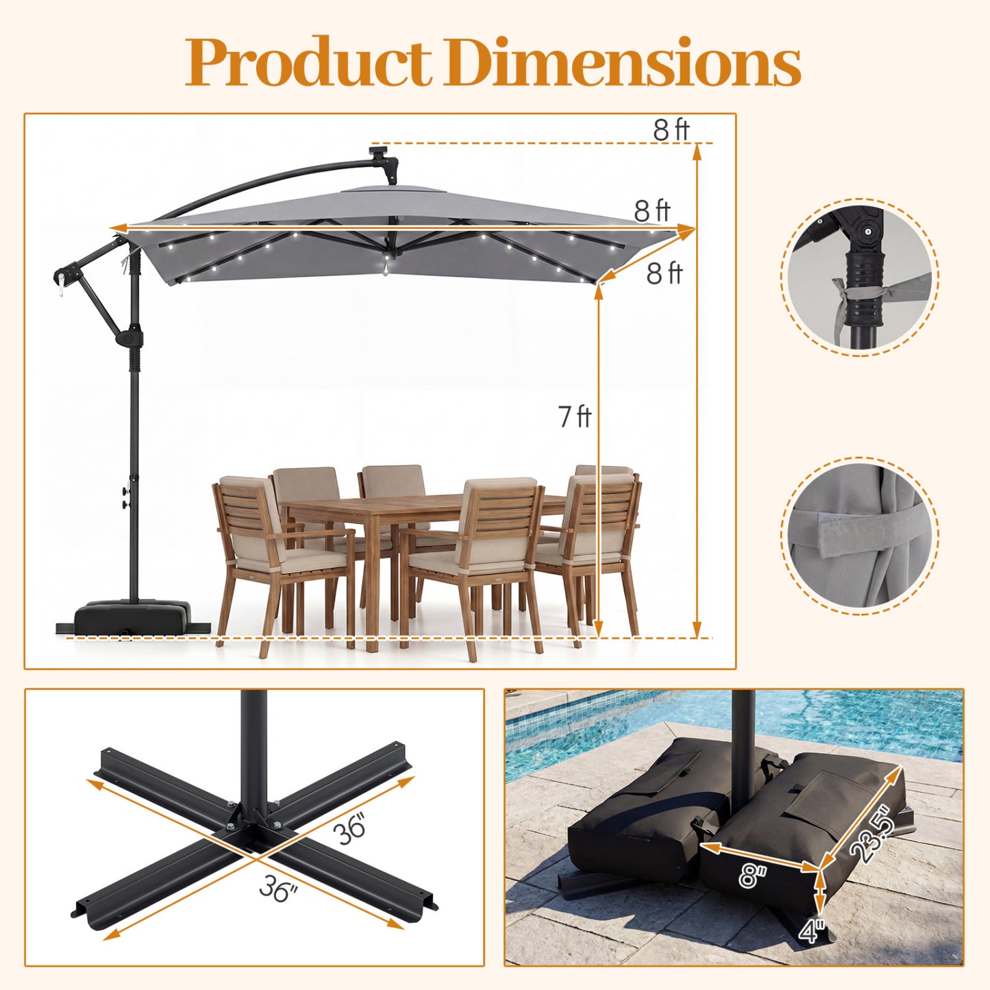 8x8 FT Solar LED Cantilever Patio Umbrella, 360° Rotation, Gray Outdoor Umbrellas at Gallery Canada