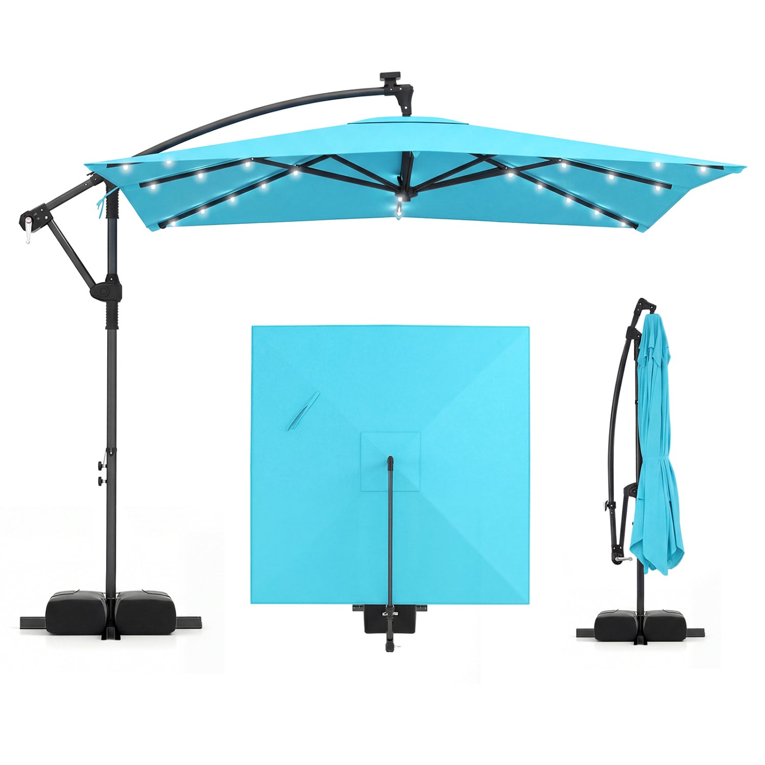 8 x 8 FT Solar LED Cantilever Patio Umbrella, 360° Rotation, Turquoise Outdoor Umbrellas Turquoise at Gallery Canada