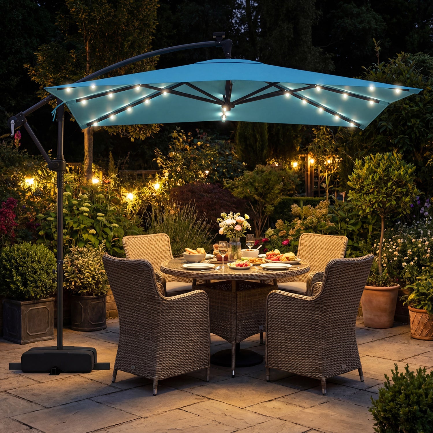 8 x 8 FT Solar LED Cantilever Patio Umbrella, 360° Rotation, Turquoise Outdoor Umbrellas at Gallery Canada
