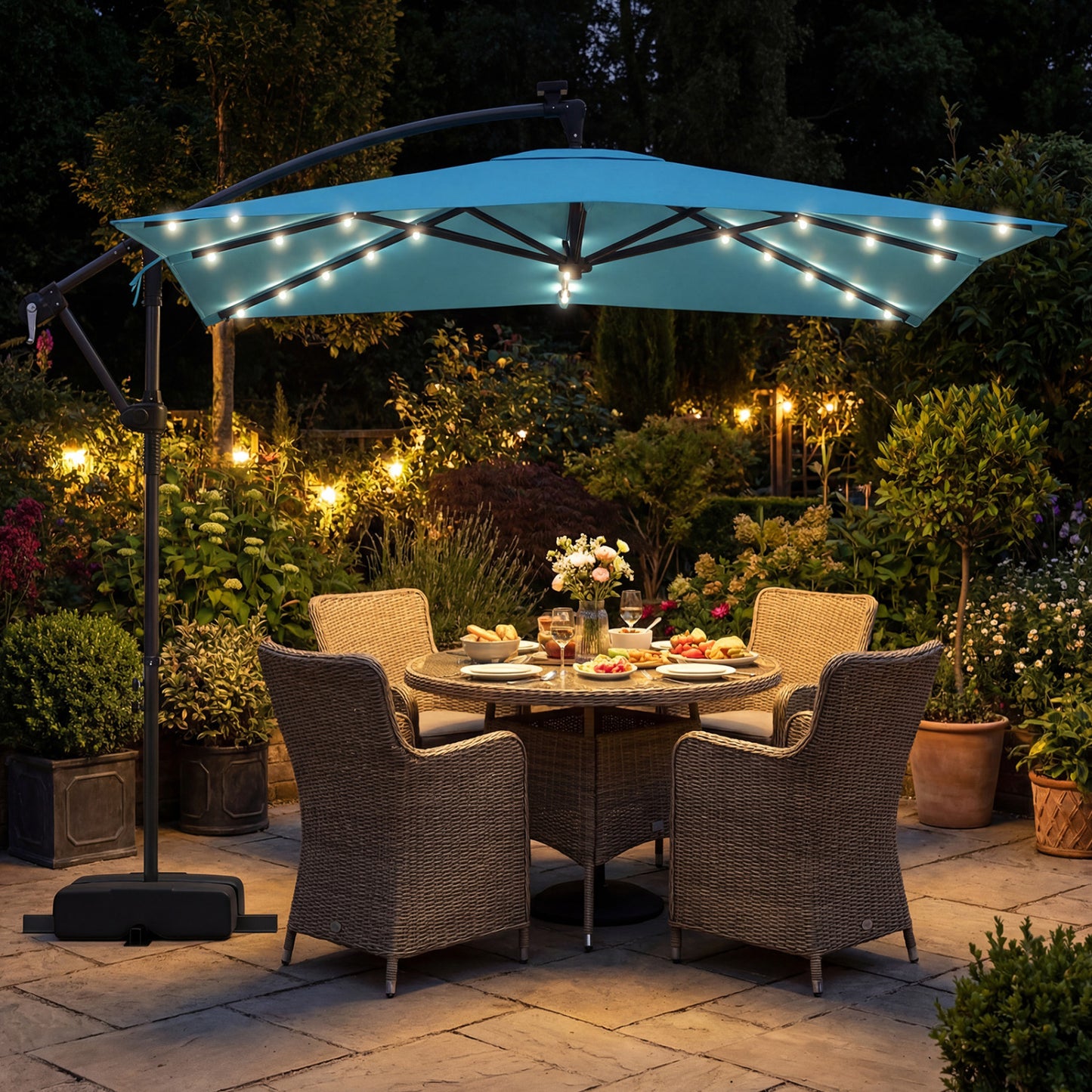 8 x 8 FT Solar LED Cantilever Patio Umbrella, 360° Rotation, Turquoise Outdoor Umbrellas at Gallery Canada