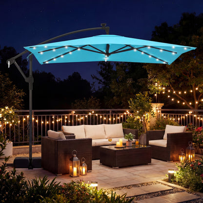 8 x 8 FT Solar LED Cantilever Patio Umbrella, 360° Rotation, Turquoise Outdoor Umbrellas at Gallery Canada