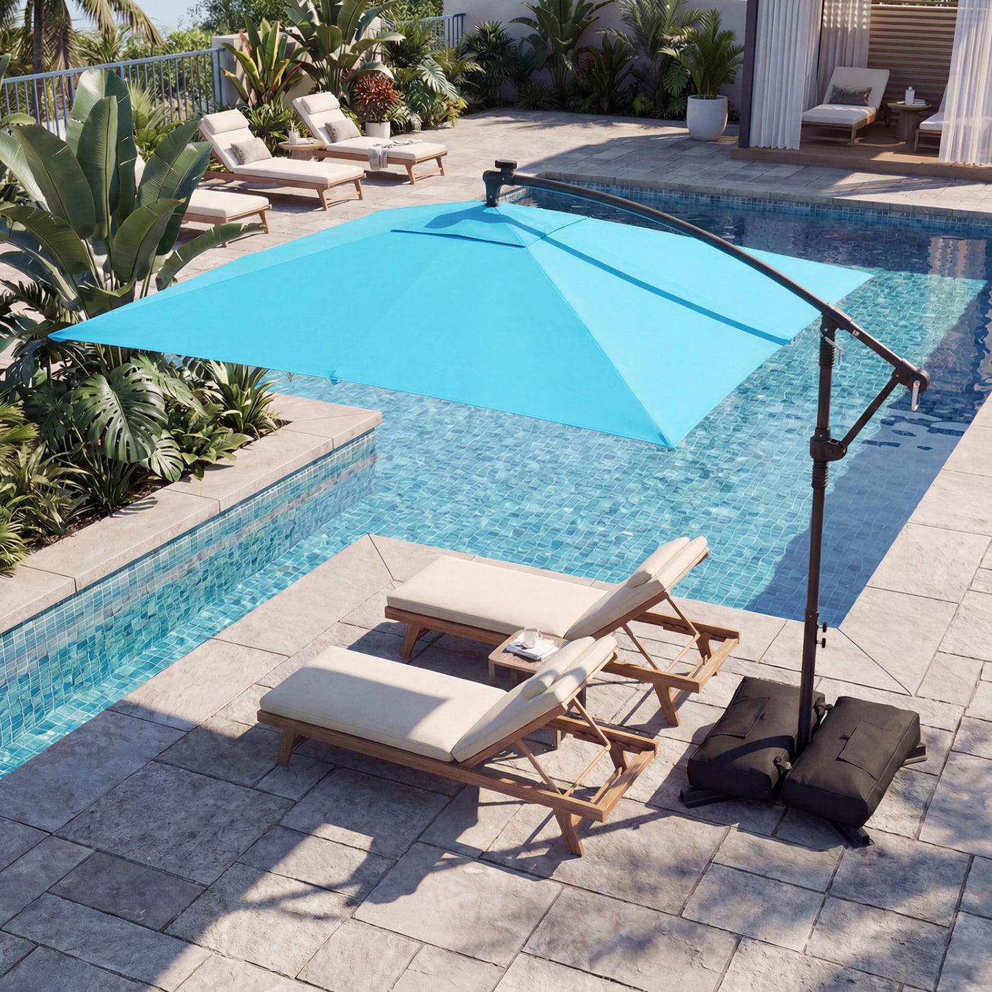 8 x 8 FT Solar LED Cantilever Patio Umbrella, 360° Rotation, Turquoise Outdoor Umbrellas at Gallery Canada