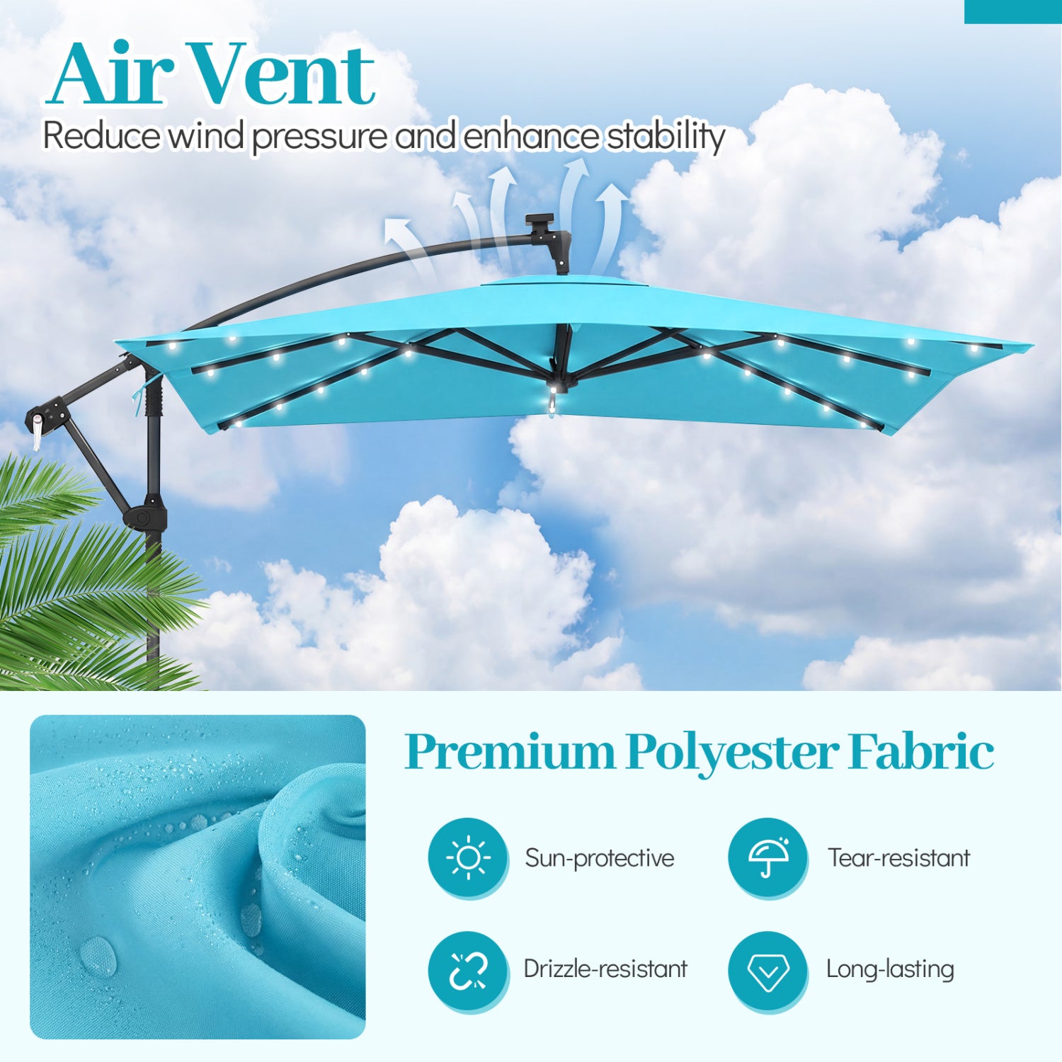 8 x 8 FT Solar LED Cantilever Patio Umbrella, 360° Rotation, Turquoise Outdoor Umbrellas at Gallery Canada