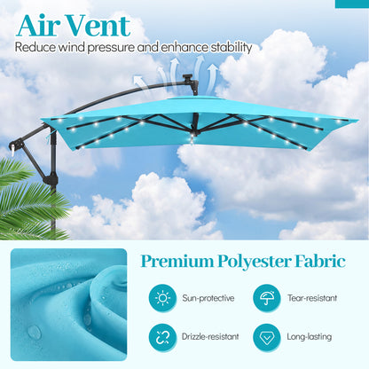 8 x 8 FT Solar LED Cantilever Patio Umbrella, 360° Rotation, Turquoise Outdoor Umbrellas at Gallery Canada