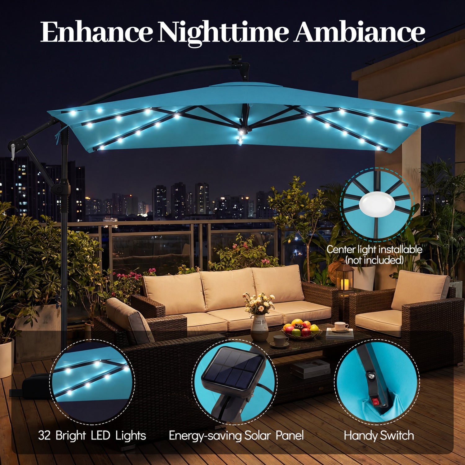 8 x 8 FT Solar LED Cantilever Patio Umbrella, 360° Rotation, Turquoise Outdoor Umbrellas at Gallery Canada