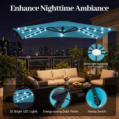 8 x 8 FT Solar LED Cantilever Patio Umbrella, 360° Rotation, Turquoise Outdoor Umbrellas at Gallery Canada