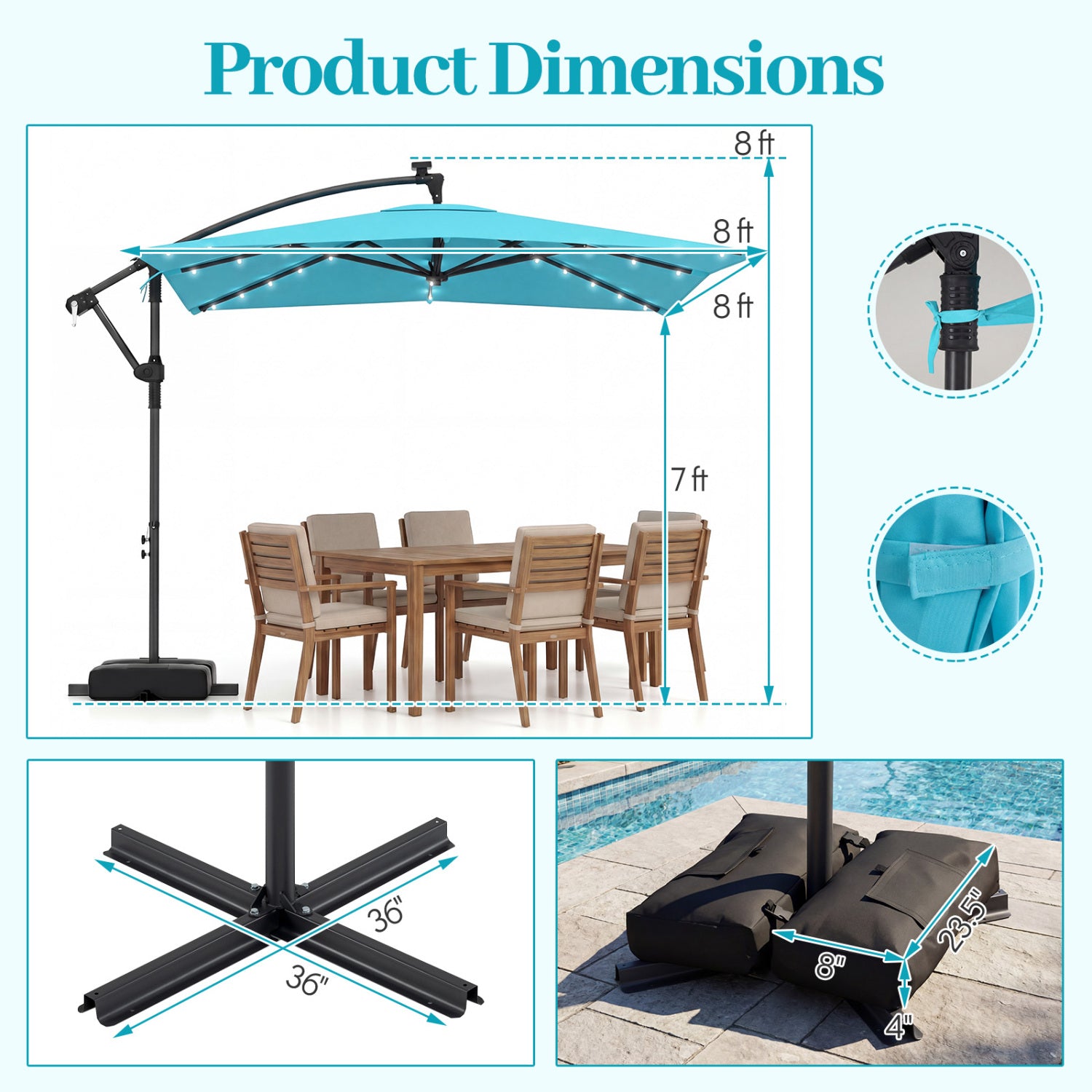 8 x 8 FT Solar LED Cantilever Patio Umbrella, 360° Rotation, Turquoise Outdoor Umbrellas at Gallery Canada