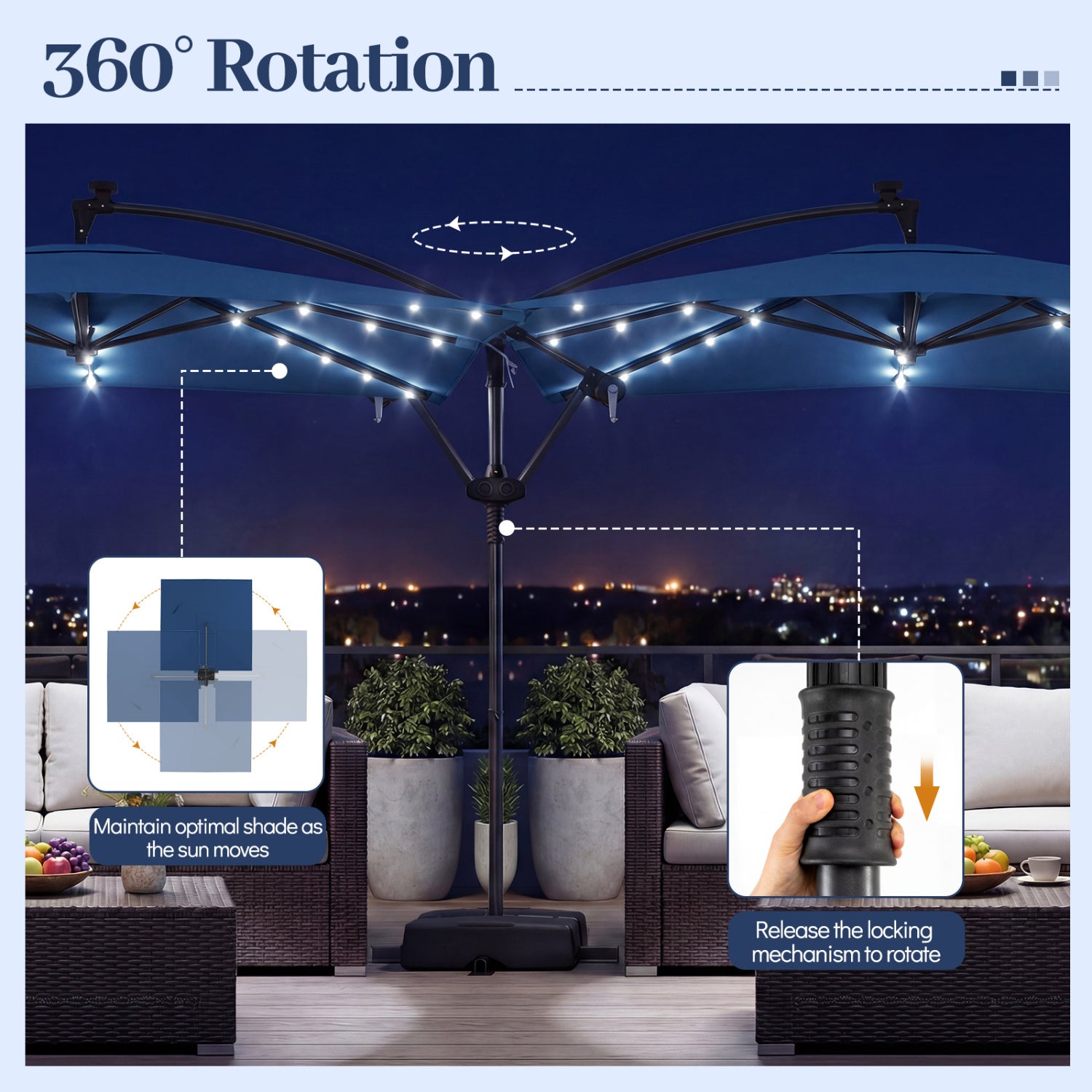 8 x 8 FT Solar LED Cantilever Patio Umbrella, Navy Outdoor Umbrellas at Gallery Canada