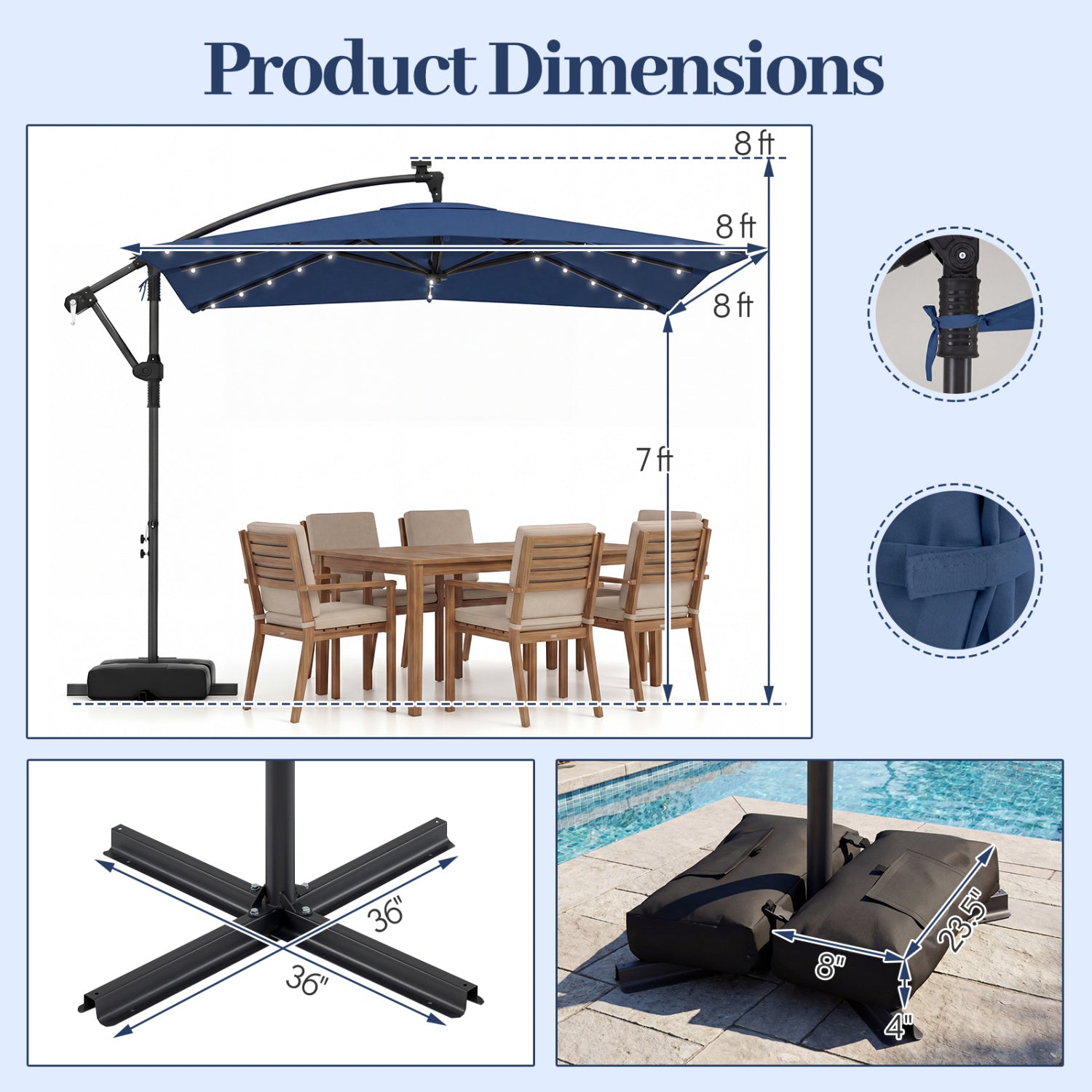 8 x 8 FT Solar LED Cantilever Patio Umbrella, Navy Outdoor Umbrellas at Gallery Canada