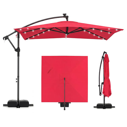 8 x 8 FT Solar LED Cantilever Patio Umbrella, 360° Rotation, Red Outdoor Umbrellas at Gallery Canada