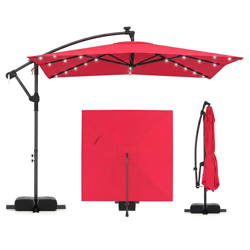 8 x 8 FT Solar LED Cantilever Patio Umbrella, 360° Rotation, Red