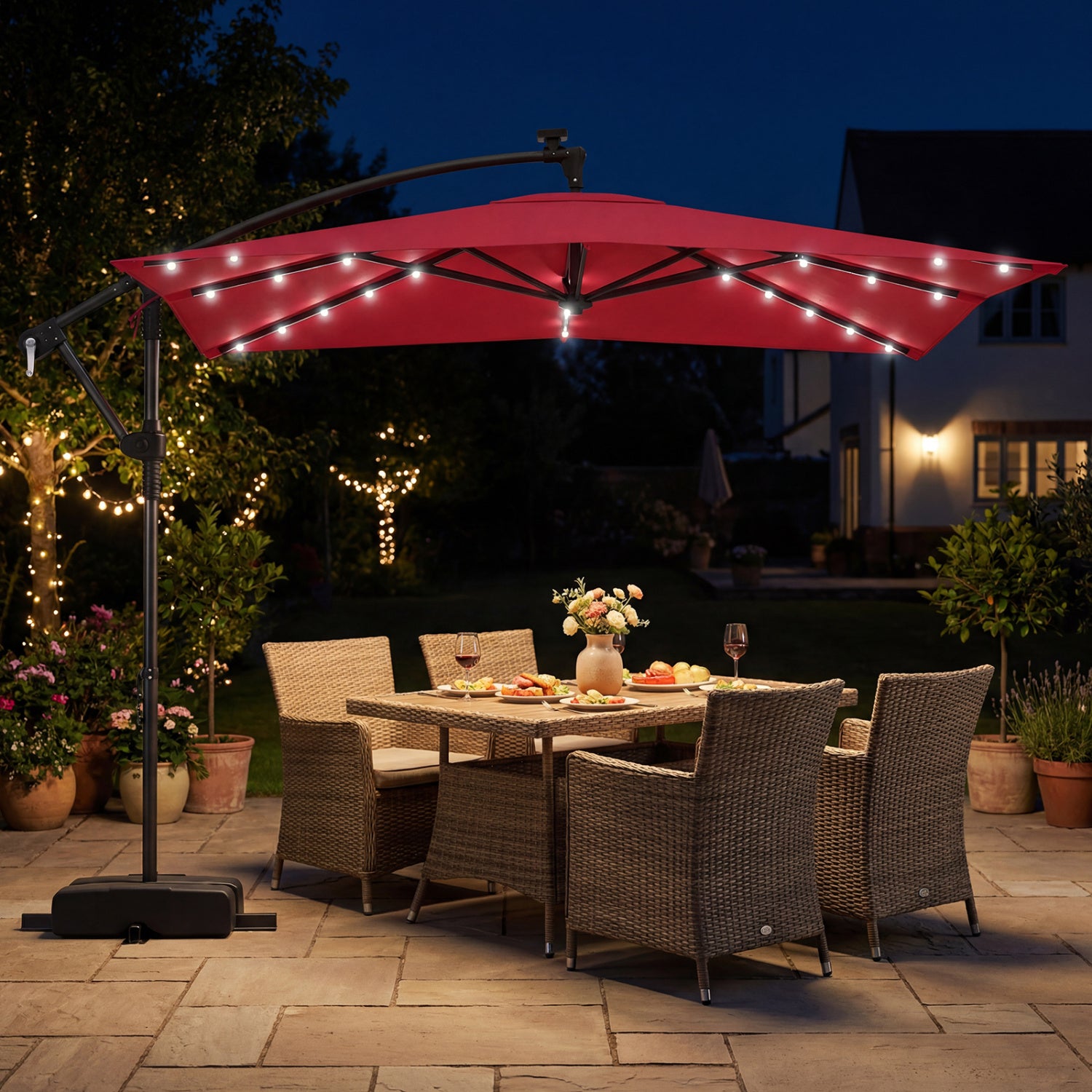 8 x 8 FT Solar LED Cantilever Patio Umbrella, 360° Rotation, Red Outdoor Umbrellas at Gallery Canada