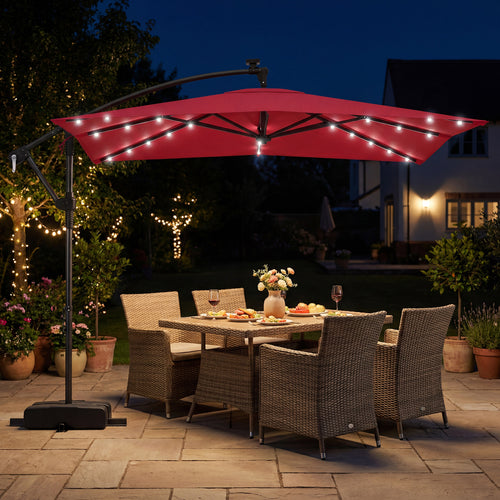 8 x 8 FT Solar LED Cantilever Patio Umbrella, 360° Rotation, Red