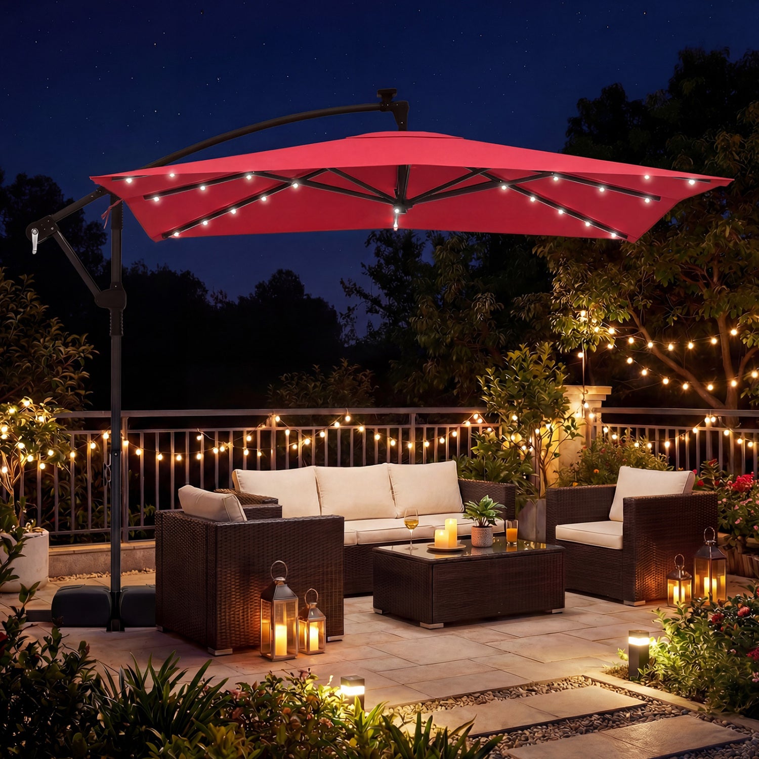 8 x 8 FT Solar LED Cantilever Patio Umbrella, 360° Rotation, Red Outdoor Umbrellas at Gallery Canada