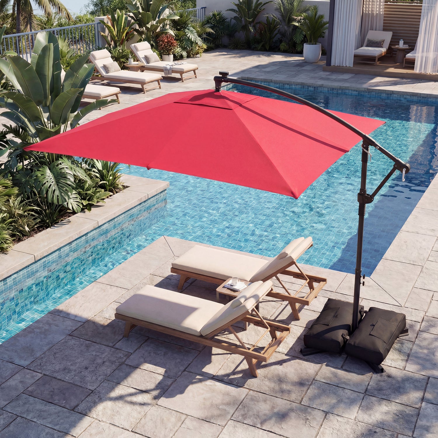 8 x 8 FT Solar LED Cantilever Patio Umbrella, 360° Rotation, Red Outdoor Umbrellas at Gallery Canada