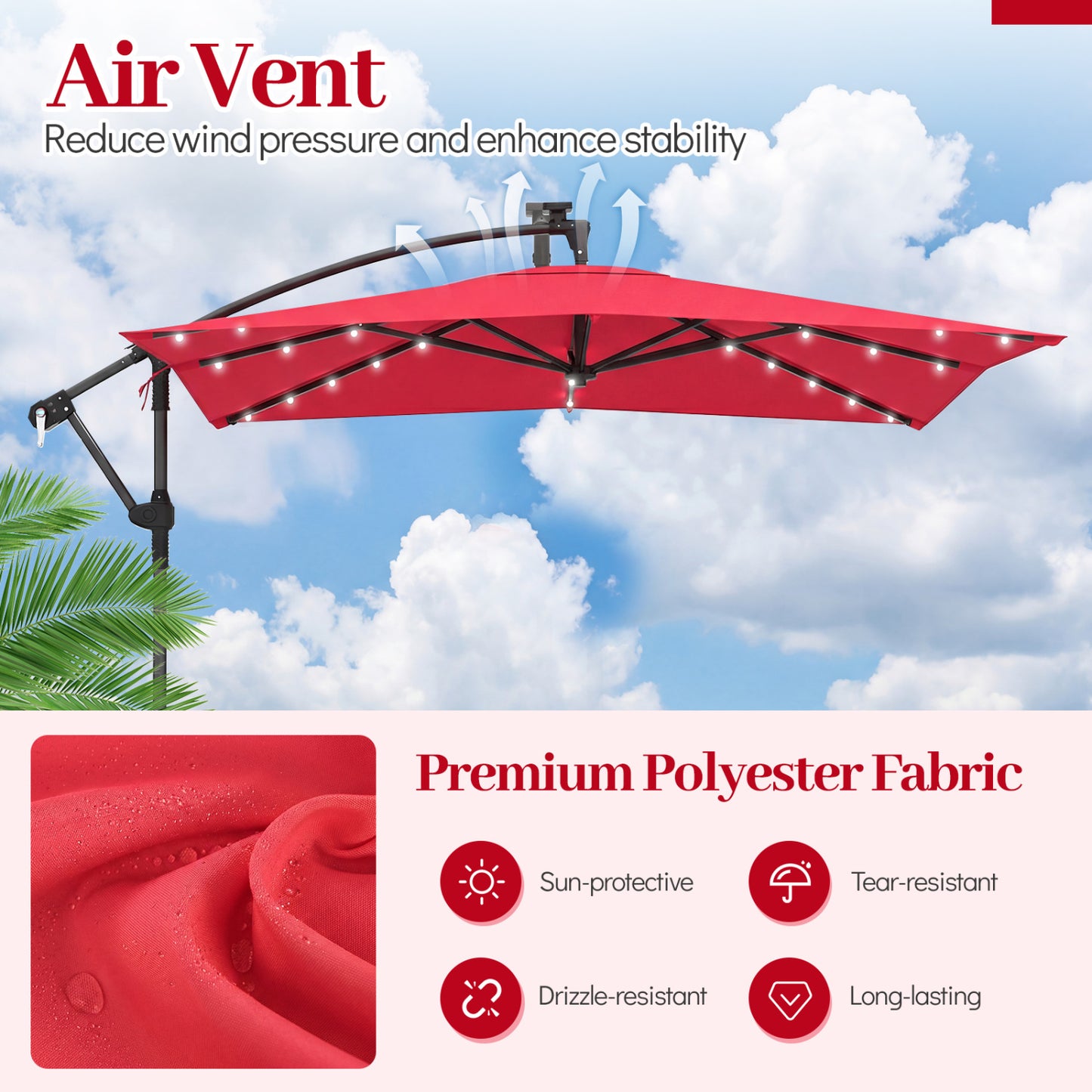 8 x 8 FT Solar LED Cantilever Patio Umbrella, 360° Rotation, Red Outdoor Umbrellas at Gallery Canada