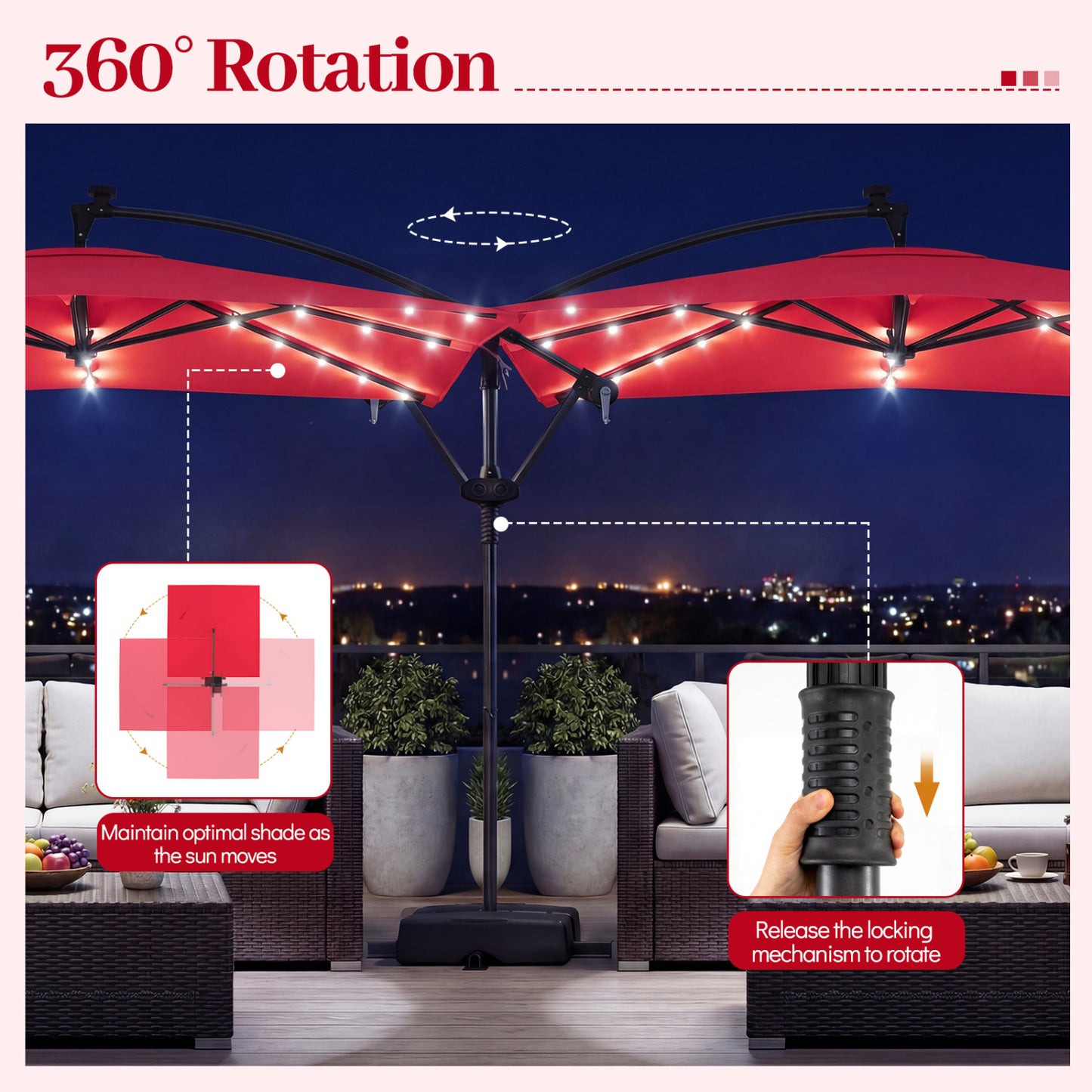 8 x 8 FT Solar LED Cantilever Patio Umbrella, 360° Rotation, Red Outdoor Umbrellas at Gallery Canada