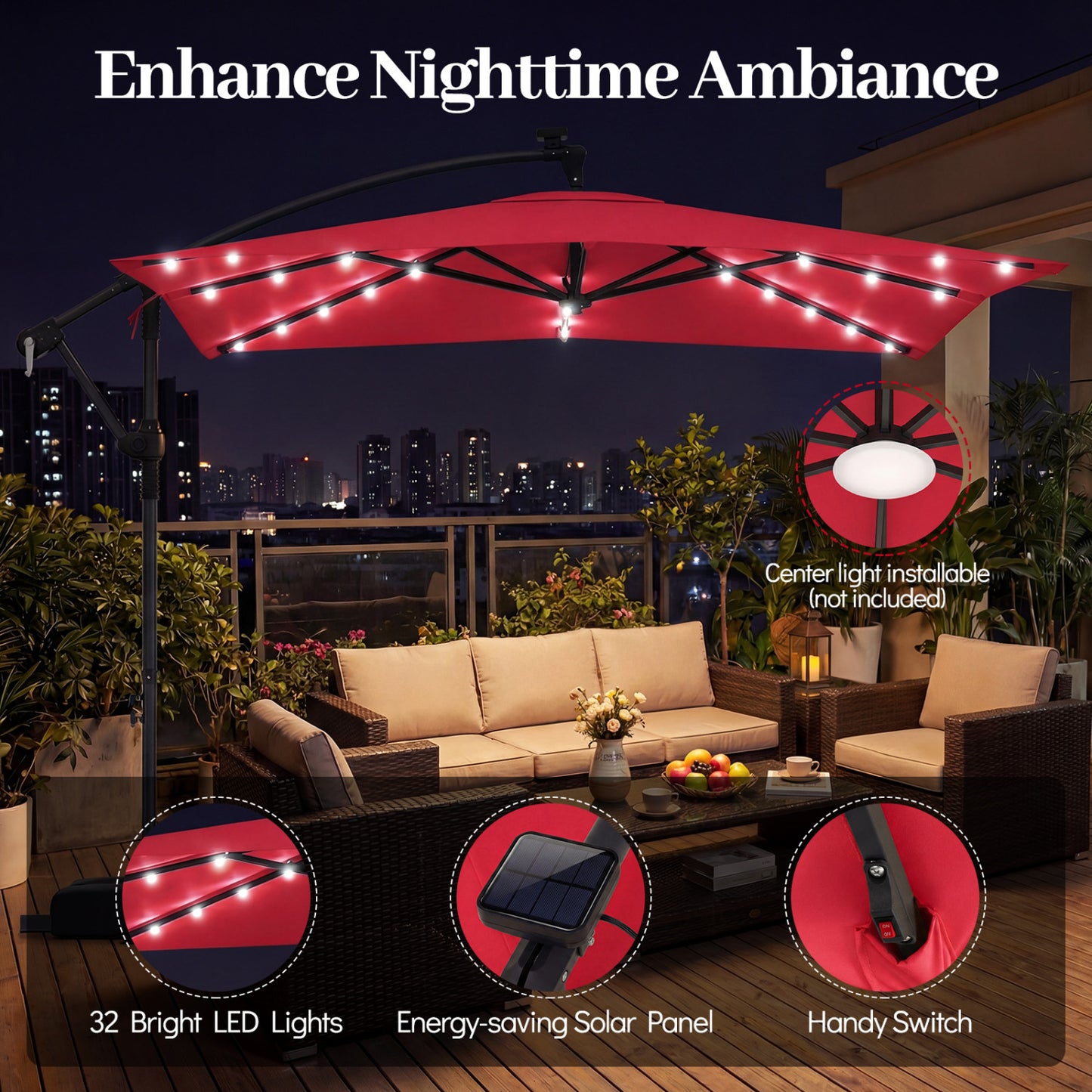 8 x 8 FT Solar LED Cantilever Patio Umbrella, 360° Rotation, Red Outdoor Umbrellas at Gallery Canada