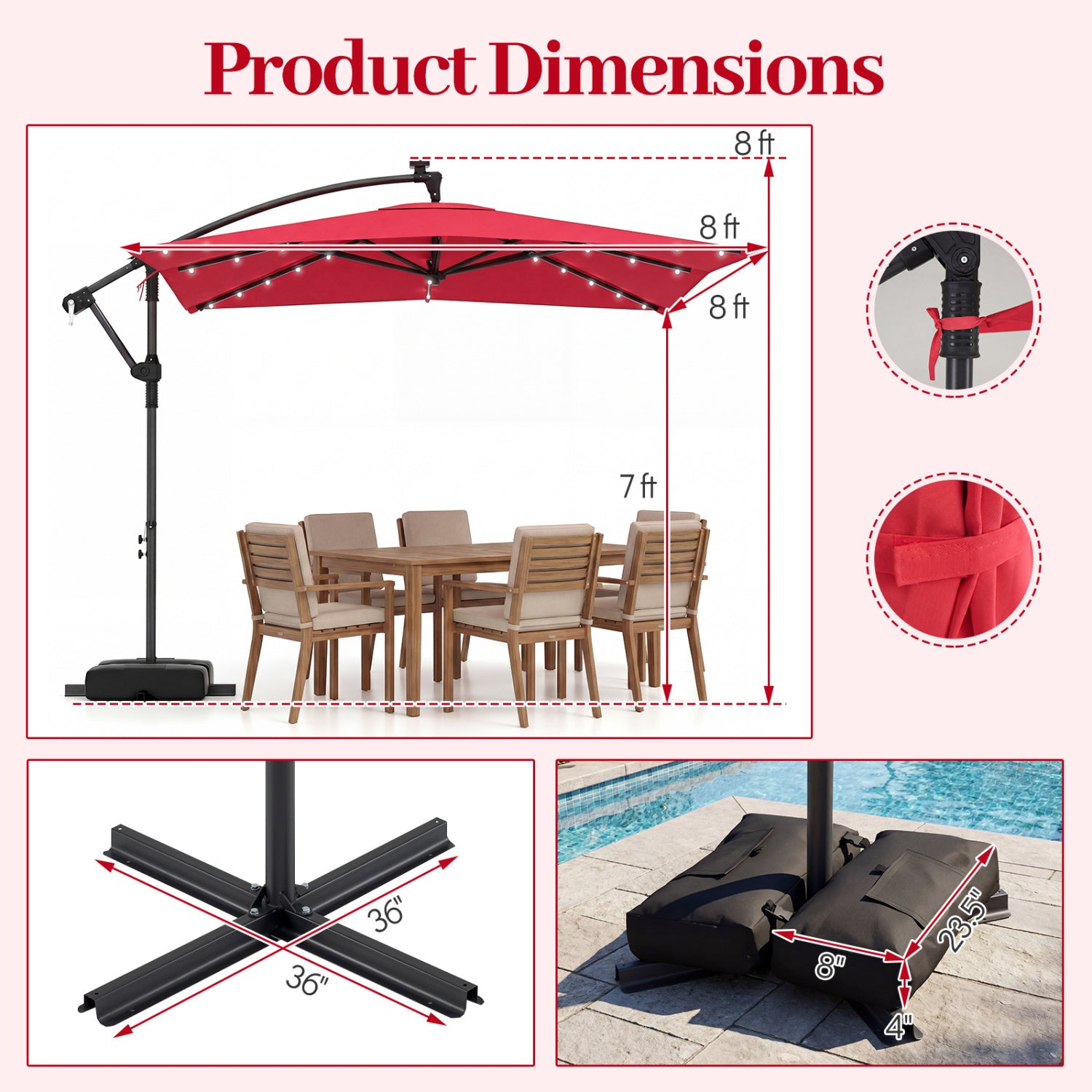 8 x 8 FT Solar LED Cantilever Patio Umbrella, 360° Rotation, Red Outdoor Umbrellas at Gallery Canada