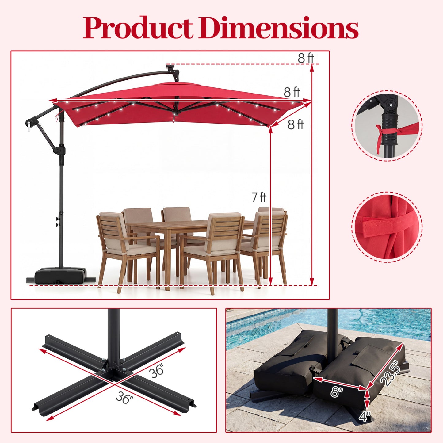 8 x 8 FT Solar LED Cantilever Patio Umbrella, 360° Rotation, Red Outdoor Umbrellas at Gallery Canada