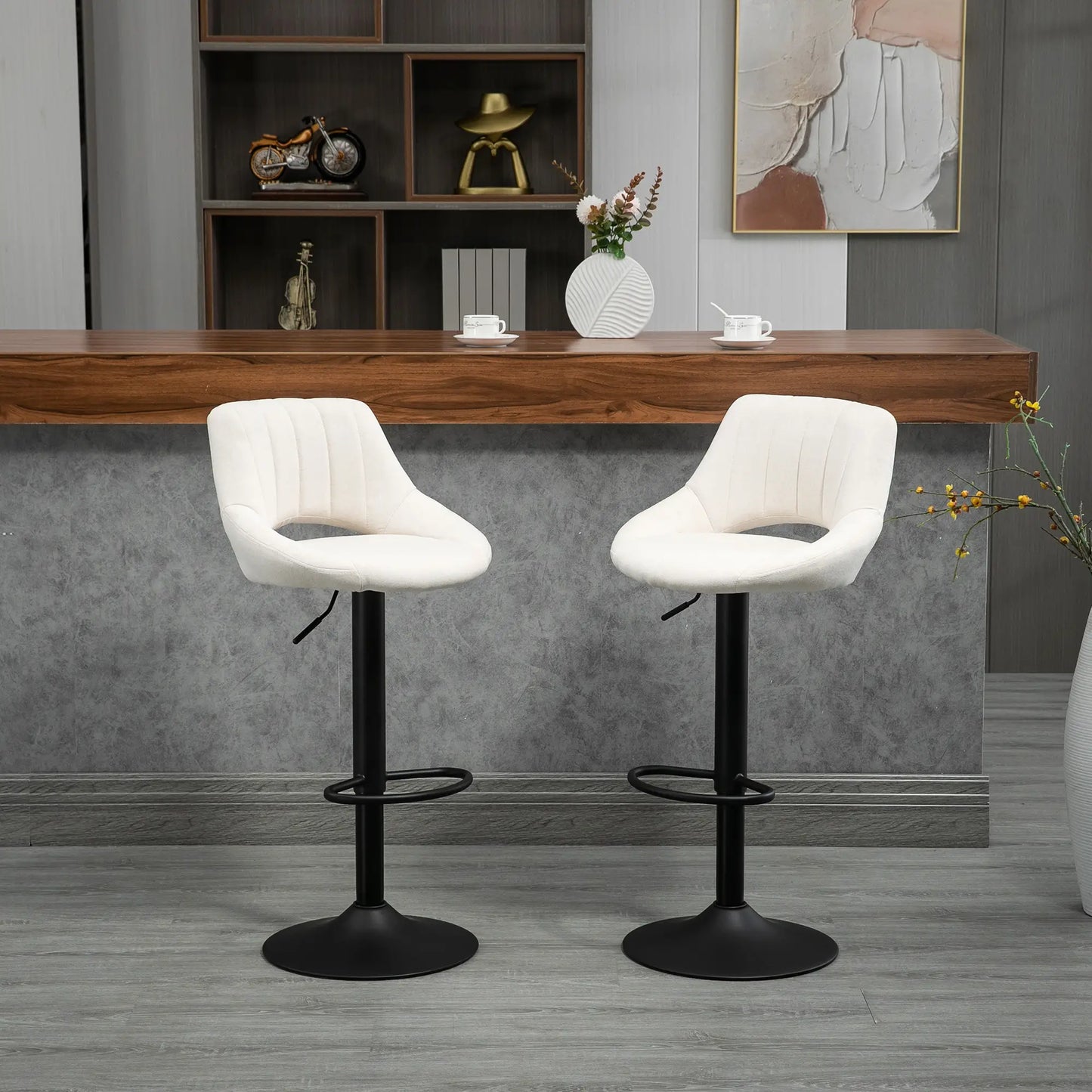 Bar Stools Set of 2, Swivel Counter Height Barstools with Adjustable Height, Linen Upholstered Bar Chairs with Round Metal Base and Footrest, Cream Bar Stools at Gallery Canada