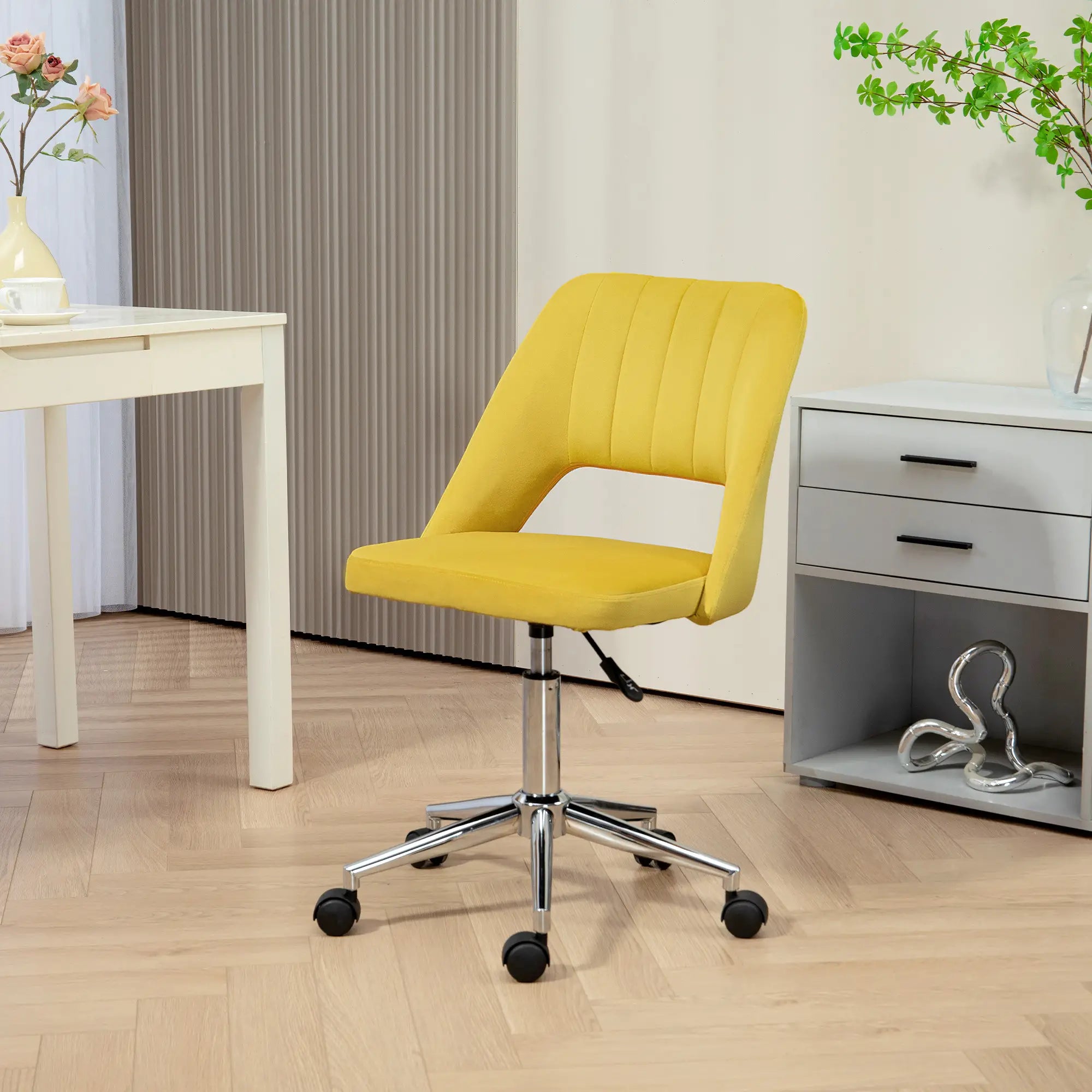 Mid Back Office Chair, Velvet Fabric, Swivel Scallop Shape, Yellow Office Chairs at Gallery Canada