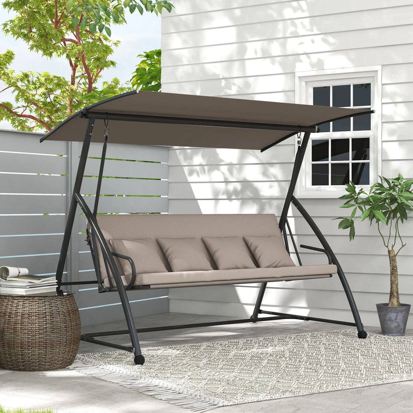 3 Seater Porch Swing, Convertible Chair Bed, Light Brown Patio Swings with Stand at Gallery Canada